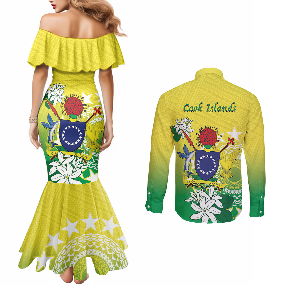Cook Islands Independence Day Couples Matching Mermaid Dress and Long Sleeve Button Shirt Kuki Airani Tiare Maori Polynesian Pattern - Green
