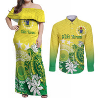 Cook Islands Independence Day Couples Matching Off Shoulder Maxi Dress and Long Sleeve Button Shirt Kuki Airani Tiare Maori Polynesian Pattern - Green