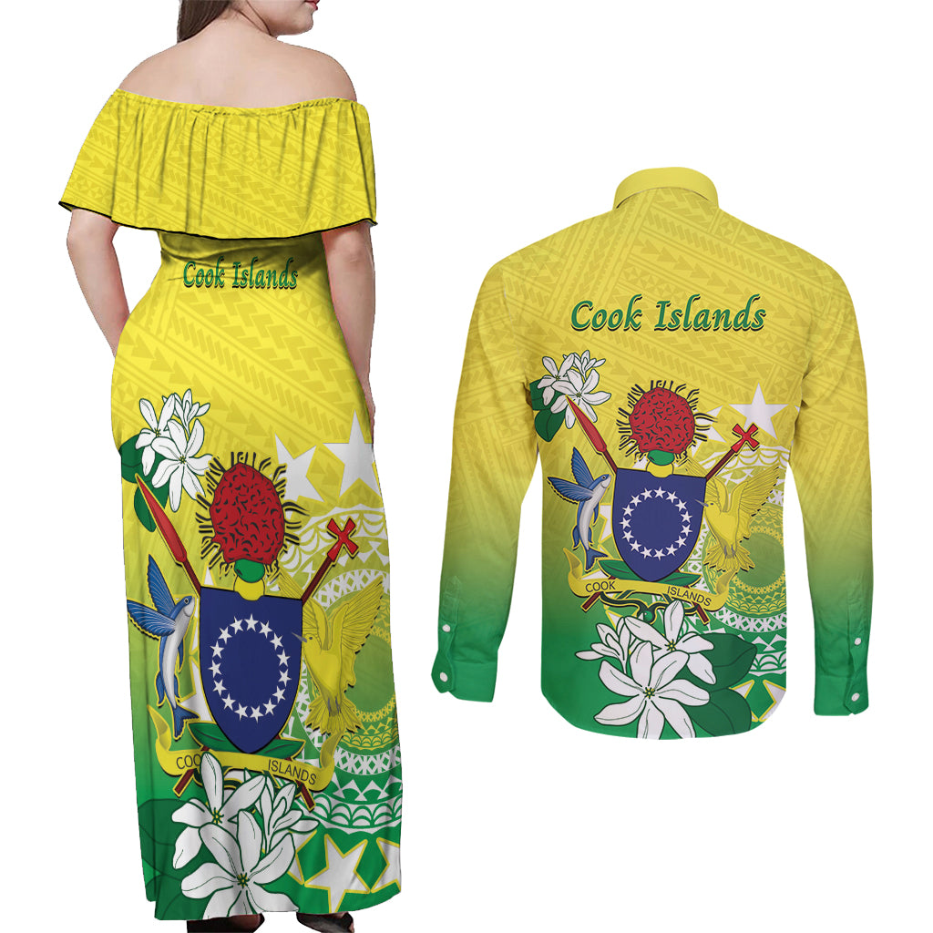 Cook Islands Independence Day Couples Matching Off Shoulder Maxi Dress and Long Sleeve Button Shirt Kuki Airani Tiare Maori Polynesian Pattern - Green