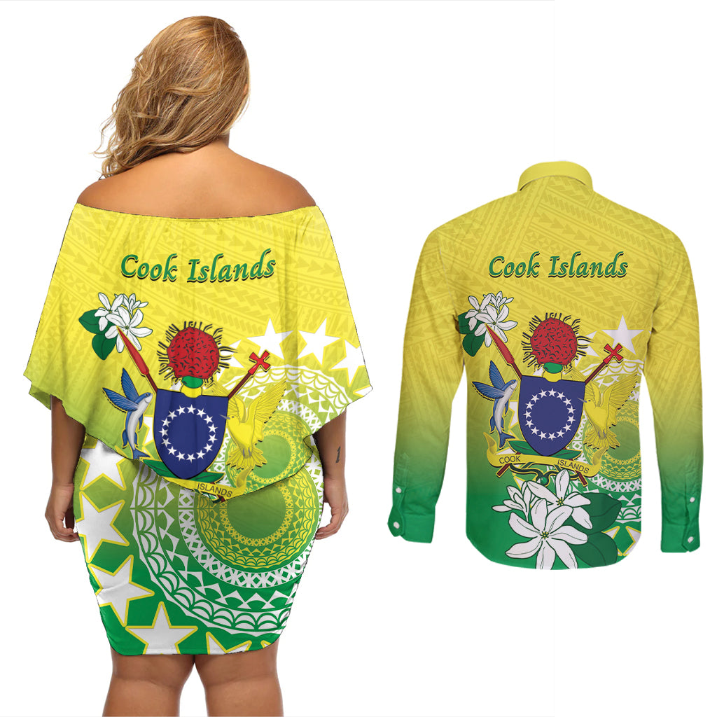 Cook Islands Independence Day Couples Matching Off Shoulder Short Dress and Long Sleeve Button Shirt Kuki Airani Tiare Maori Polynesian Pattern - Green