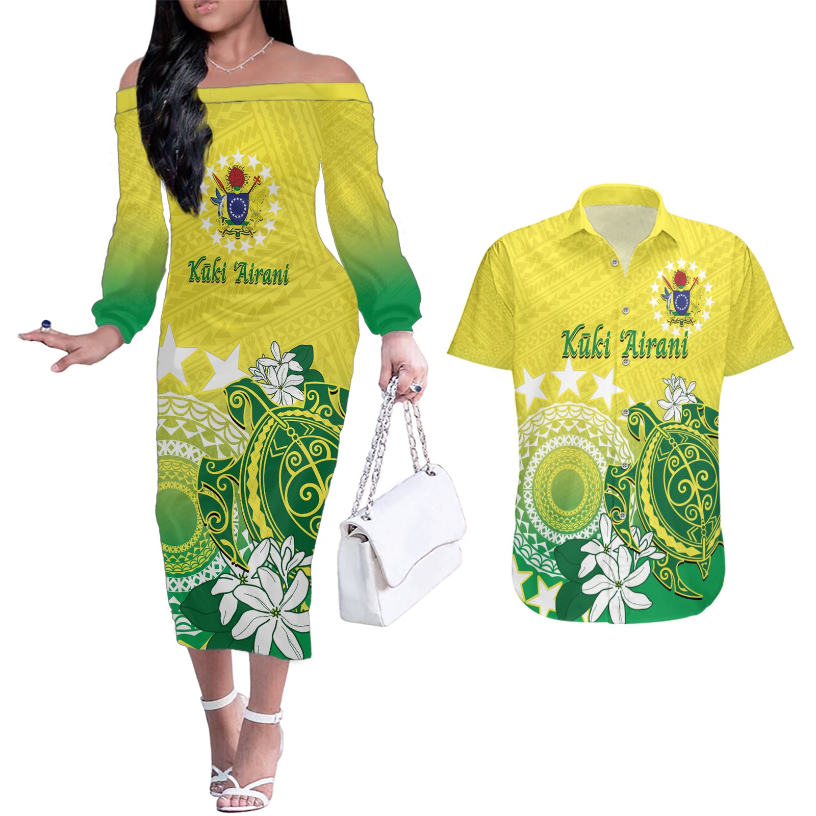 Cook Islands Independence Day Couples Matching Off The Shoulder Long Sleeve Dress and Hawaiian Shirt Kuki Airani Tiare Maori Polynesian Pattern - Green
