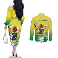 Cook Islands Independence Day Couples Matching Off The Shoulder Long Sleeve Dress and Long Sleeve Button Shirt Kuki Airani Tiare Maori Polynesian Pattern - Green