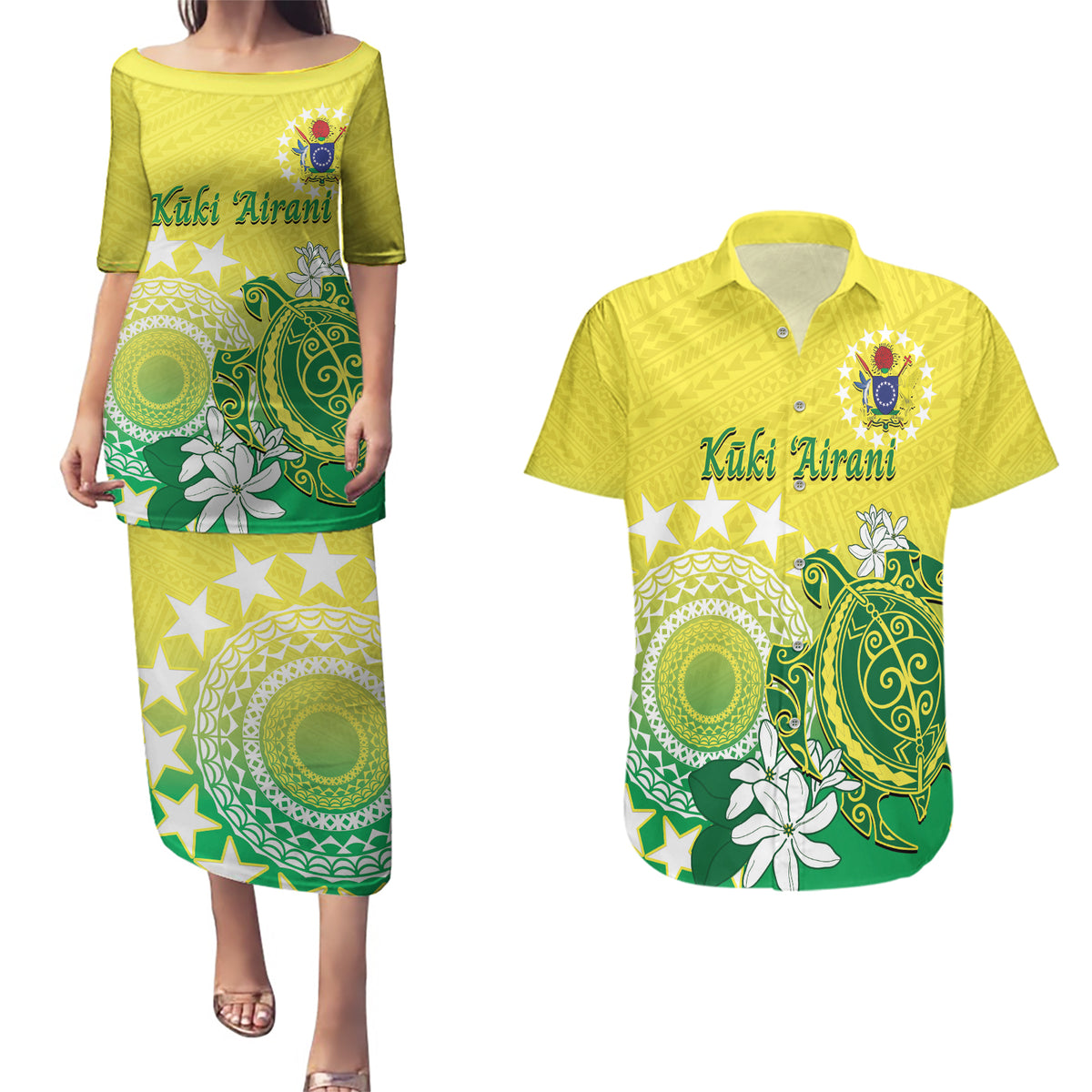 Cook Islands Independence Day Couples Matching Puletasi and Hawaiian Shirt Kuki Airani Tiare Maori Polynesian Pattern - Green