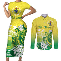 Cook Islands Independence Day Couples Matching Short Sleeve Bodycon Dress and Long Sleeve Button Shirt Kuki Airani Tiare Maori Polynesian Pattern - Green