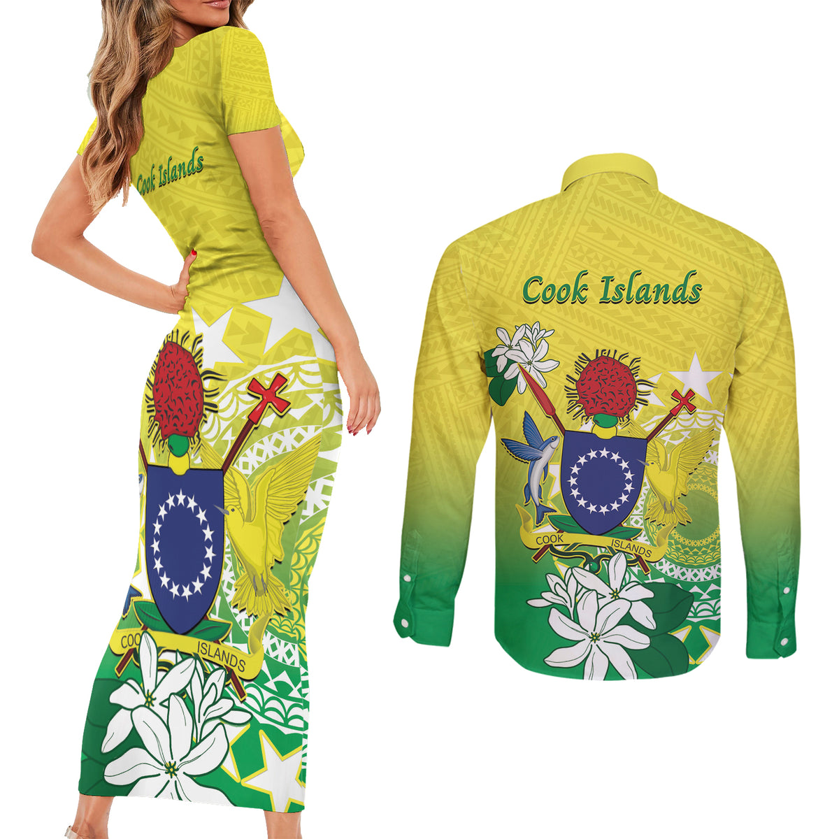 Cook Islands Independence Day Couples Matching Short Sleeve Bodycon Dress and Long Sleeve Button Shirt Kuki Airani Tiare Maori Polynesian Pattern - Green