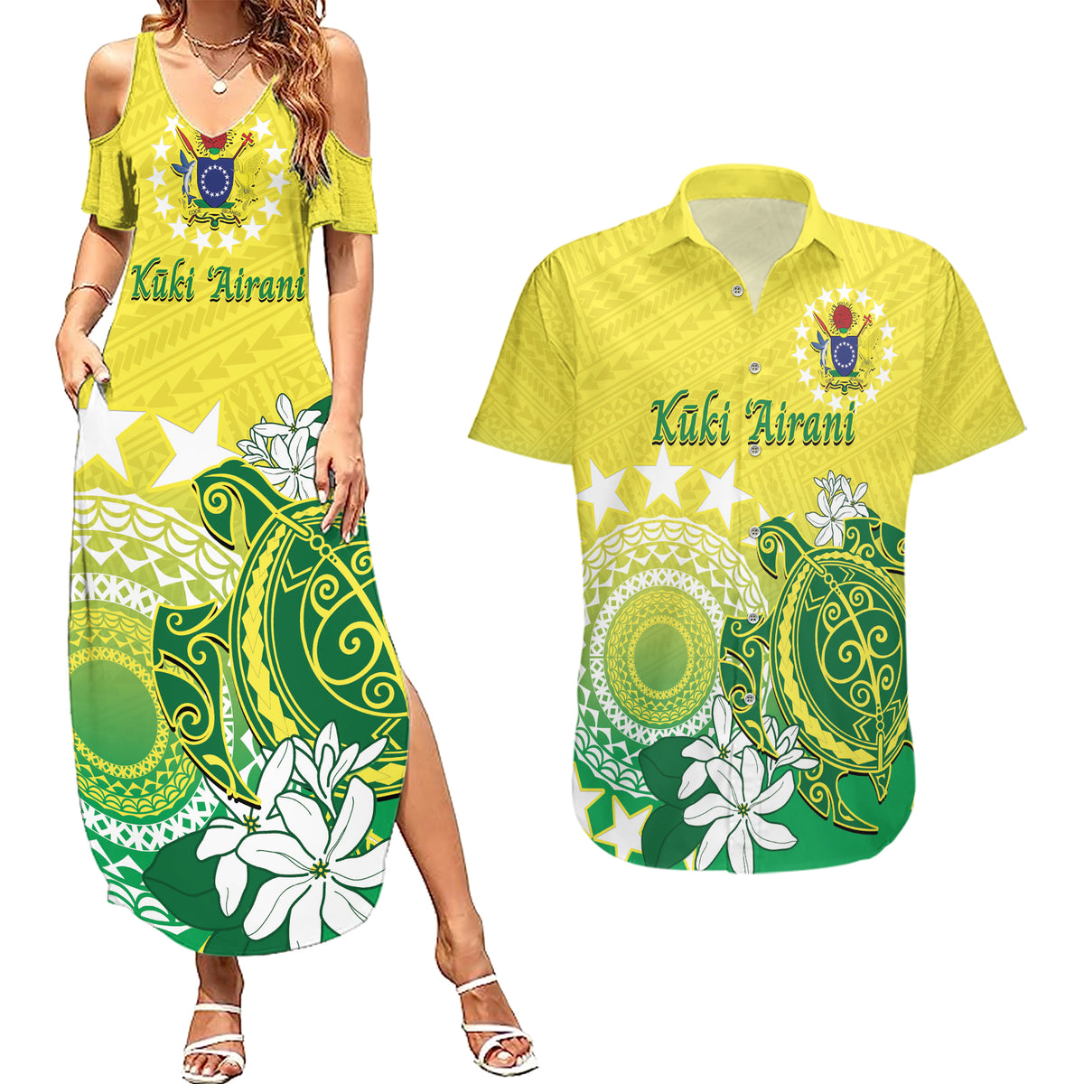 Cook Islands Independence Day Couples Matching Summer Maxi Dress and Hawaiian Shirt Kuki Airani Tiare Maori Polynesian Pattern - Green