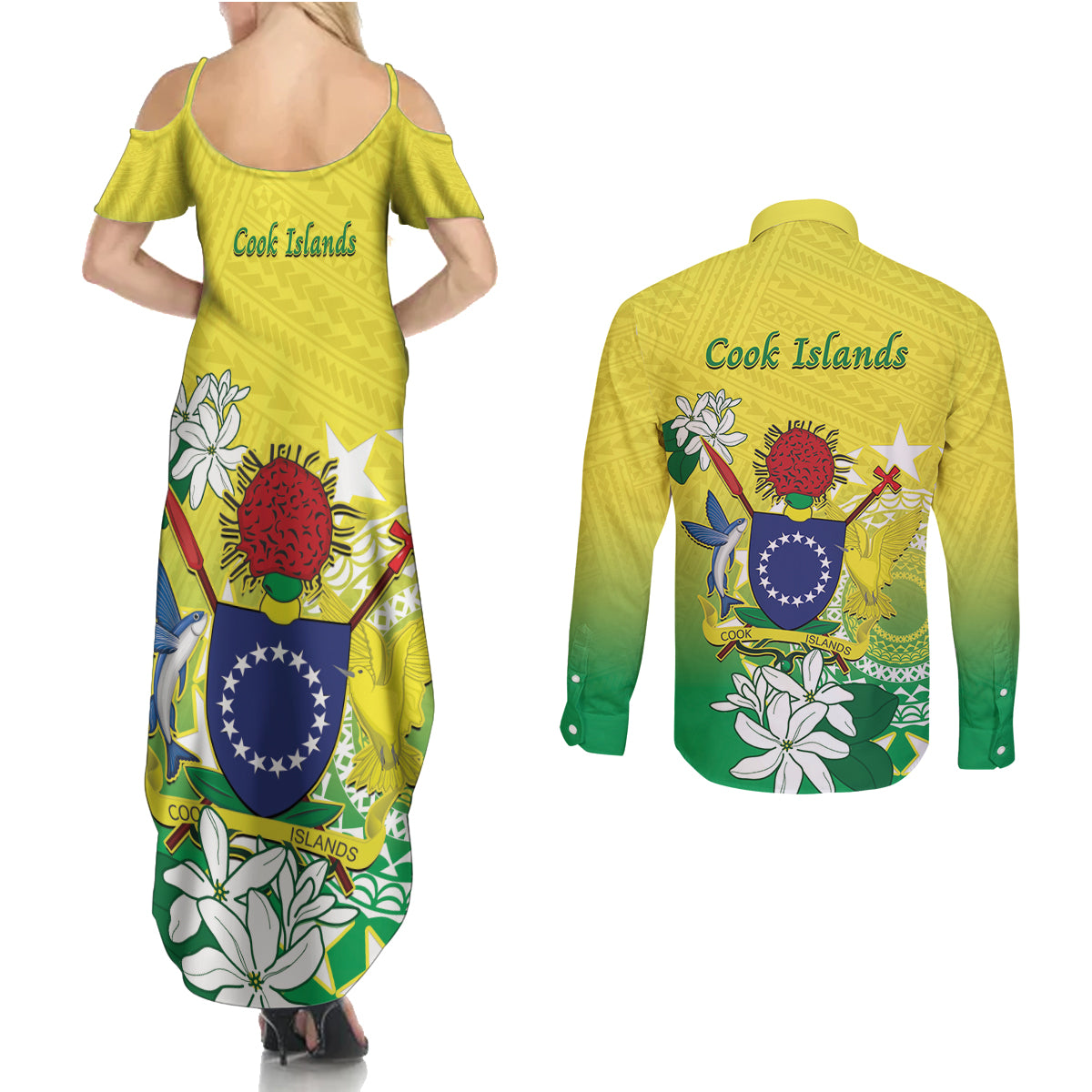 Cook Islands Independence Day Couples Matching Summer Maxi Dress and Long Sleeve Button Shirt Kuki Airani Tiare Maori Polynesian Pattern - Green