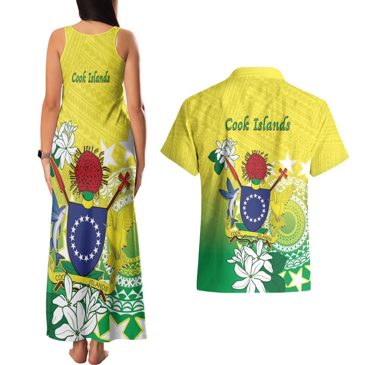 Cook Islands Independence Day Couples Matching Tank Maxi Dress and Hawaiian Shirt Kuki Airani Tiare Maori Polynesian Pattern - Green