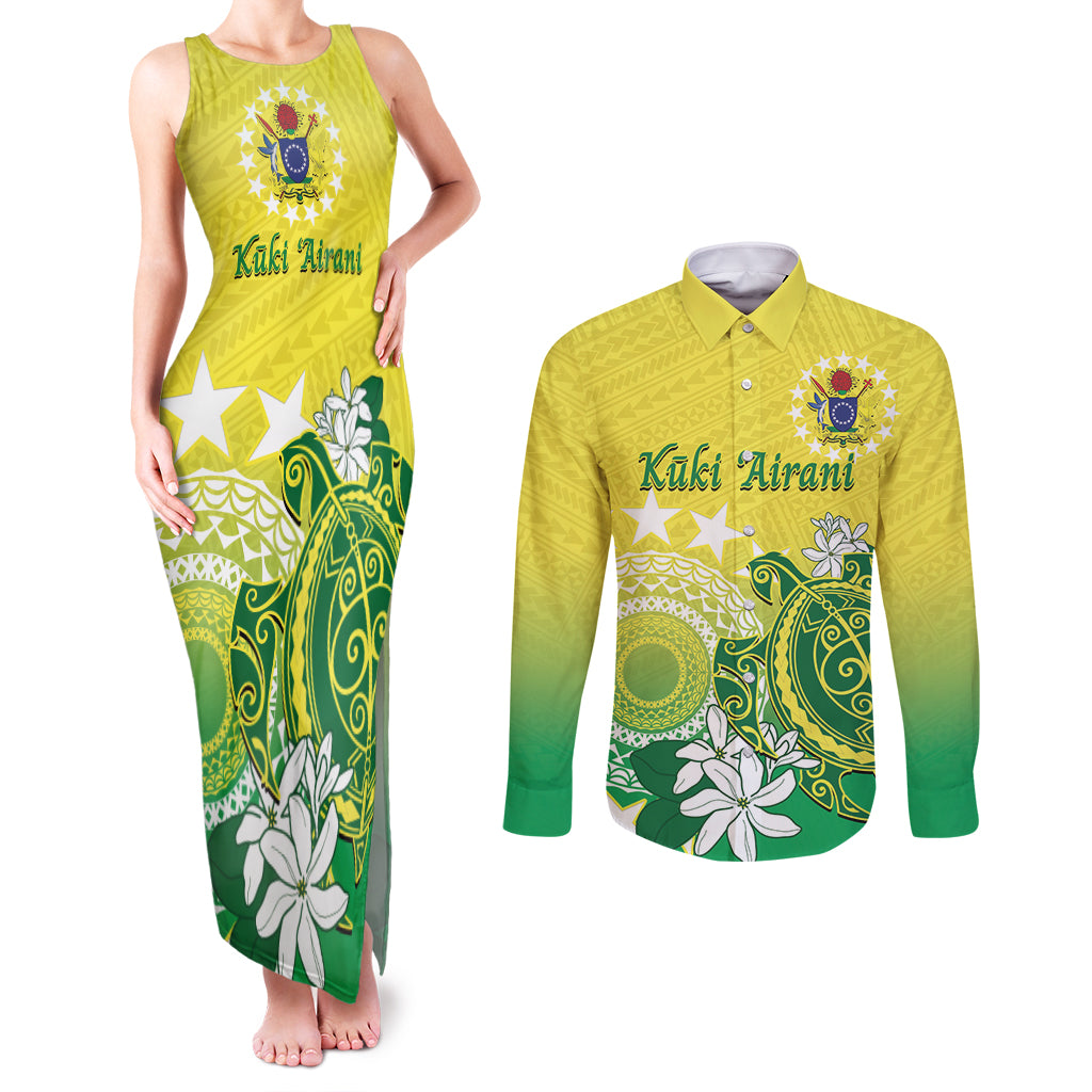 Cook Islands Independence Day Couples Matching Tank Maxi Dress and Long Sleeve Button Shirt Kuki Airani Tiare Maori Polynesian Pattern - Green