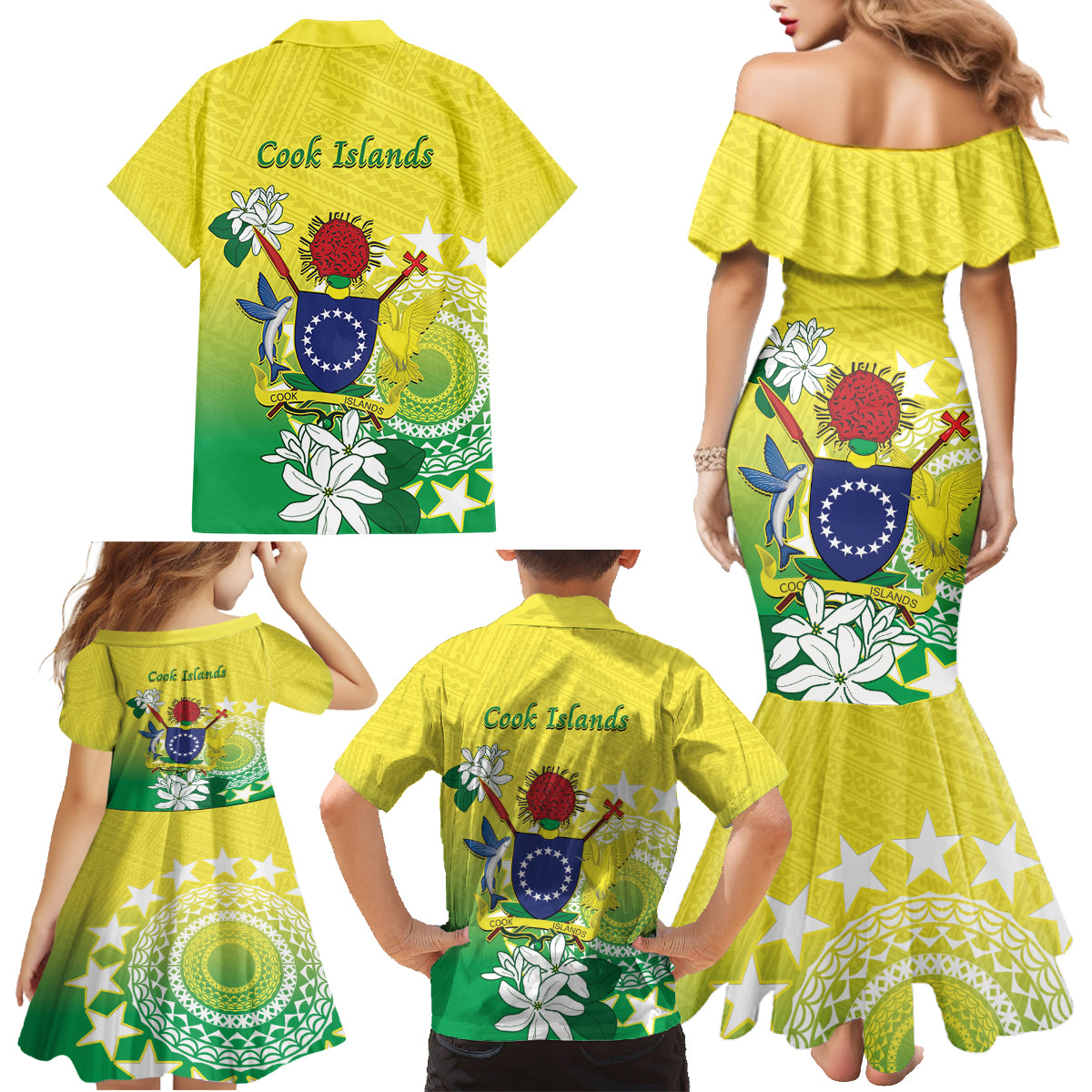 Cook Islands Independence Day Family Matching Mermaid Dress and Hawaiian Shirt Kuki Airani Tiare Maori Polynesian Pattern - Green