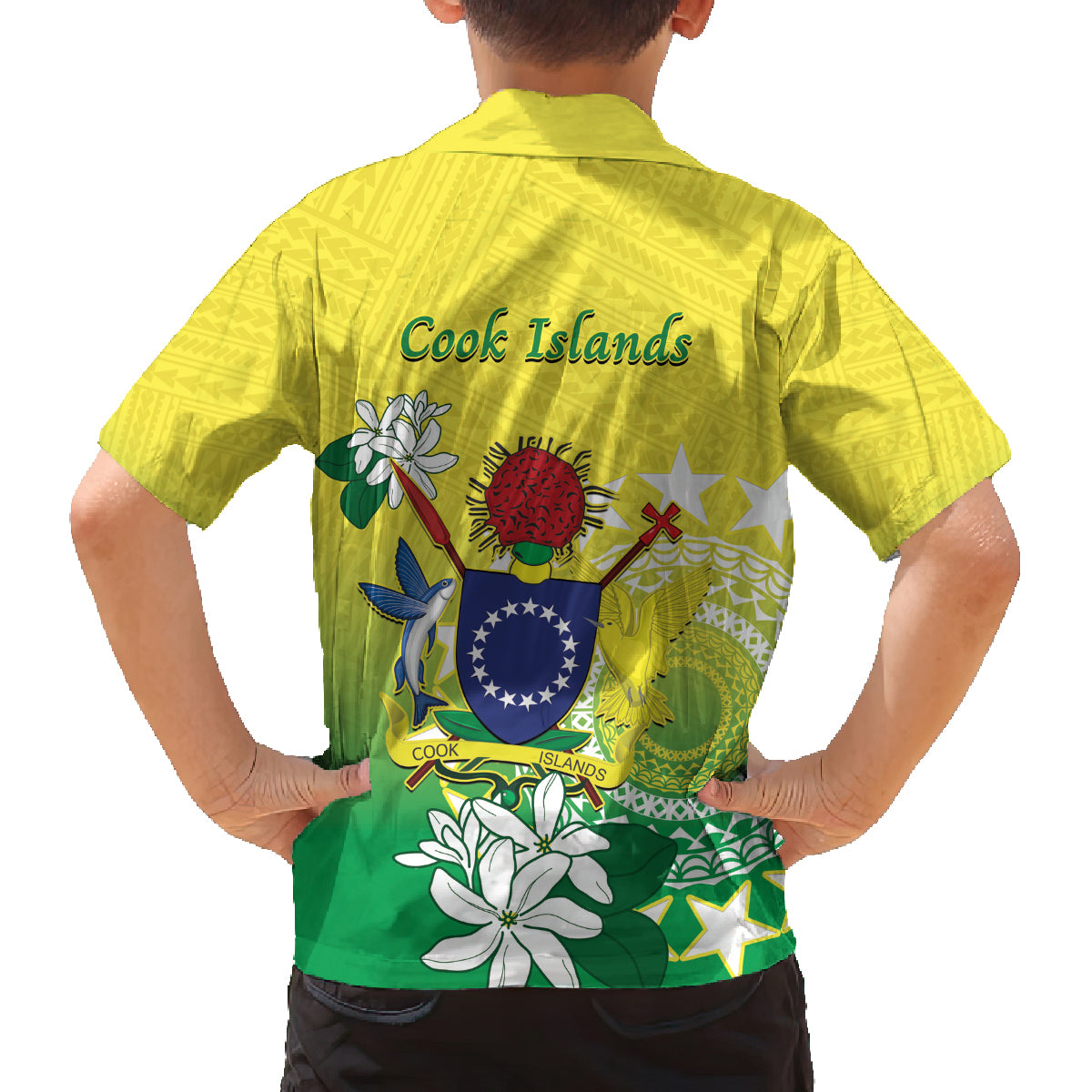 Cook Islands Independence Day Family Matching Off Shoulder Short Dress and Hawaiian Shirt Kuki Airani Tiare Maori Polynesian Pattern - Green LT14 - Polynesian Pride