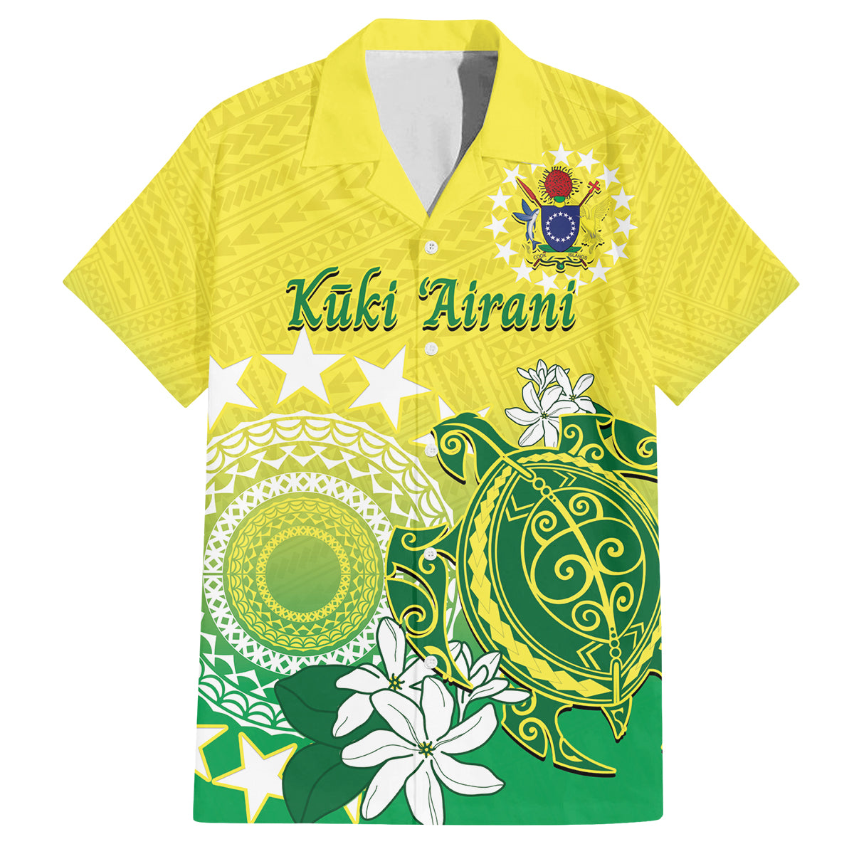 Cook Islands Independence Day Family Matching Off Shoulder Short Dress and Hawaiian Shirt Kuki Airani Tiare Maori Polynesian Pattern - Green LT14 Dad's Shirt - Short Sleeve Green - Polynesian Pride