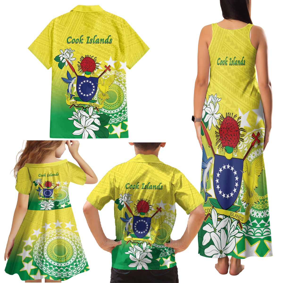 Cook Islands Independence Day Family Matching Tank Maxi Dress and Hawaiian Shirt Kuki Airani Tiare Maori Polynesian Pattern - Green