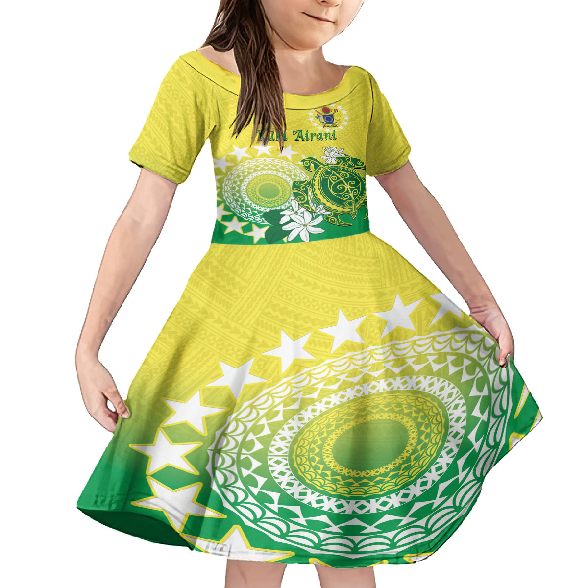 Cook Islands Independence Day Kid Short Sleeve Dress Kuki Airani Tiare Maori Polynesian Pattern - Green