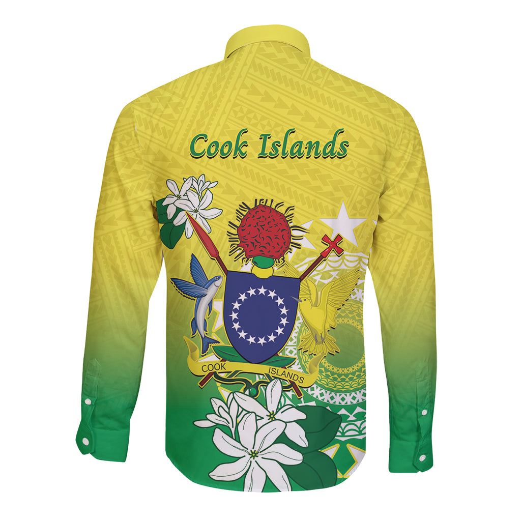Cook Islands Independence Day Long Sleeve Button Shirt Kuki Airani Tiare Maori Polynesian Pattern - Green