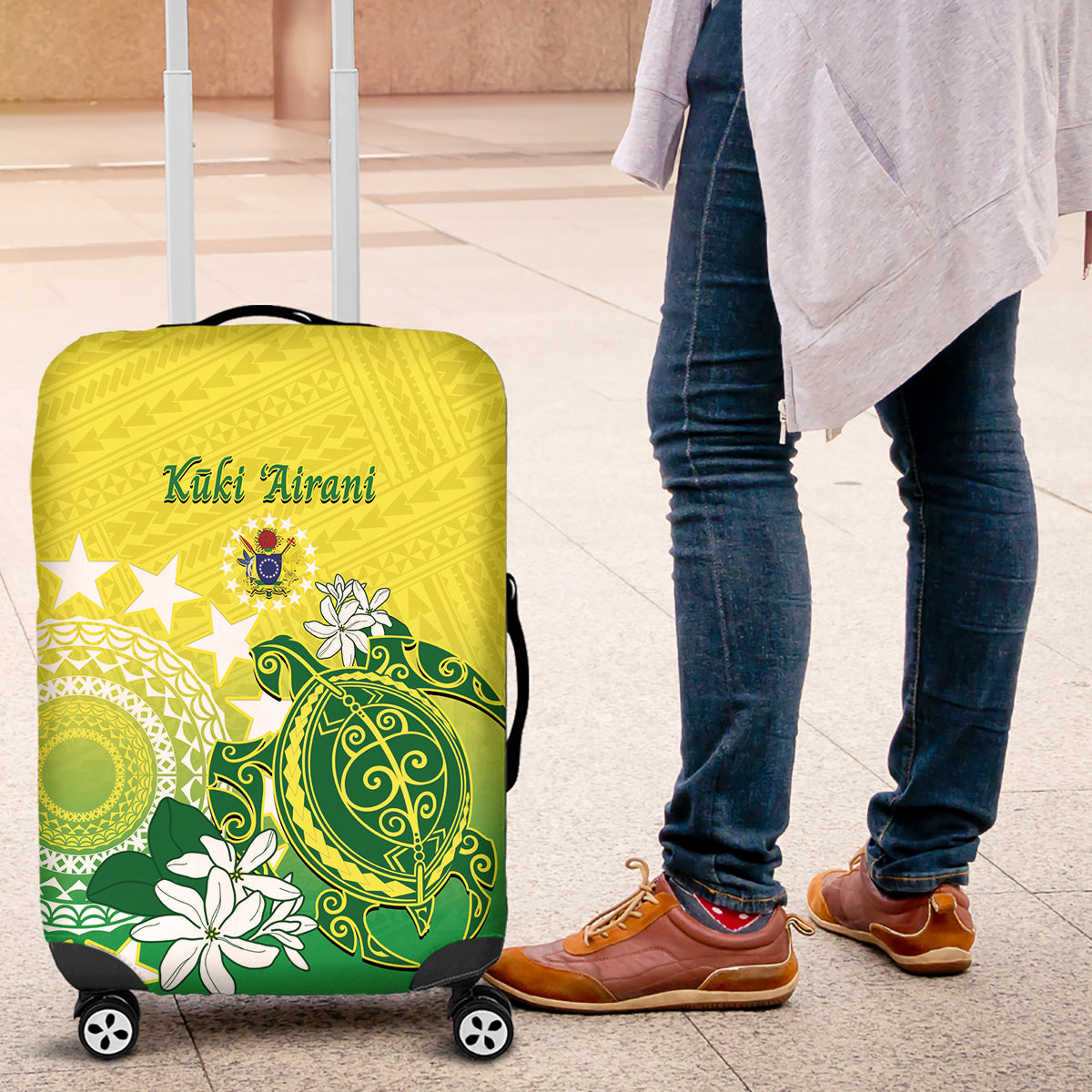 Cook Islands Independence Day Luggage Cover Kuki Airani Tiare Maori Polynesian Pattern - Green