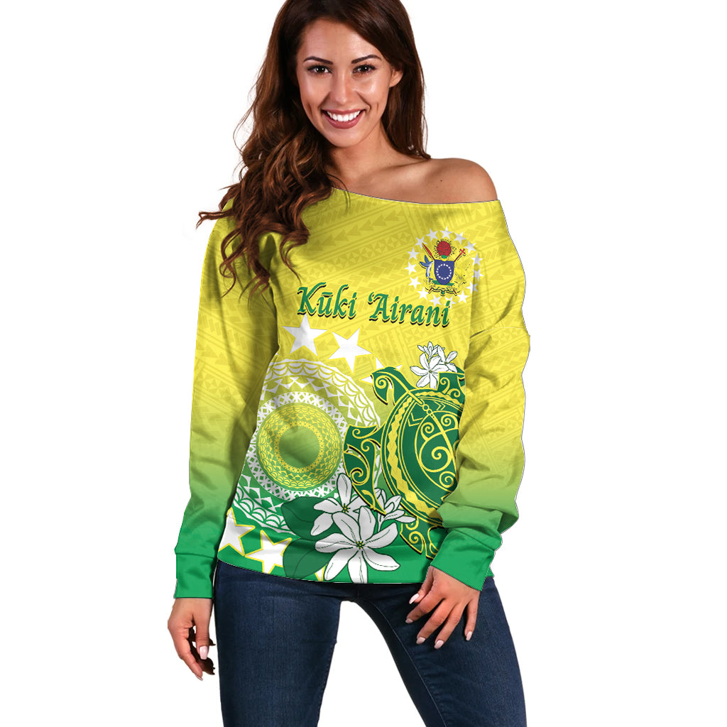 Cook Islands Independence Day Off Shoulder Sweater Kuki Airani Tiare Maori Polynesian Pattern - Green