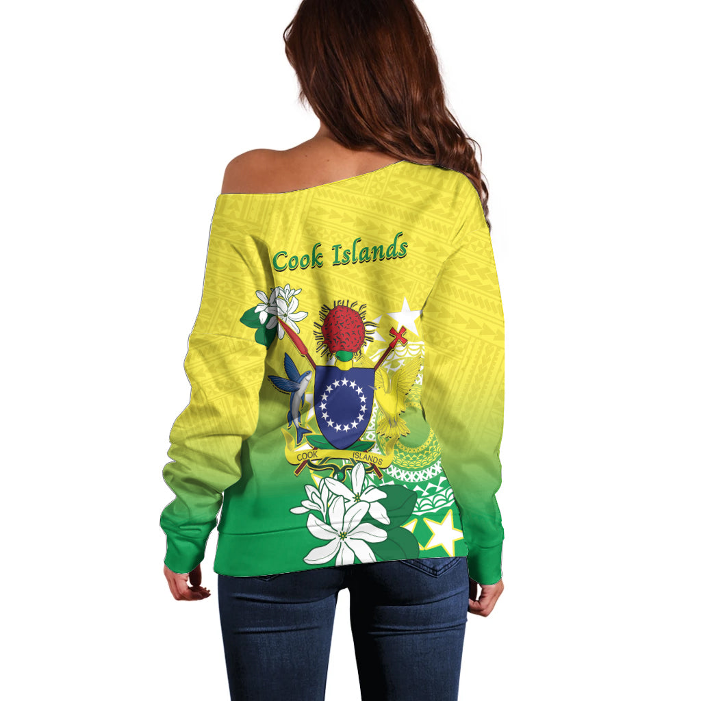 Cook Islands Independence Day Off Shoulder Sweater Kuki Airani Tiare Maori Polynesian Pattern - Green
