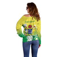Cook Islands Independence Day Off Shoulder Sweater Kuki Airani Tiare Maori Polynesian Pattern - Green