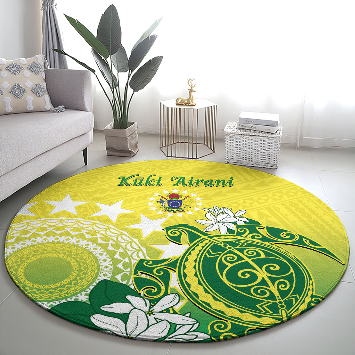 Cook Islands Independence Day Round Carpet Kuki Airani Tiare Maori Polynesian Pattern - Green