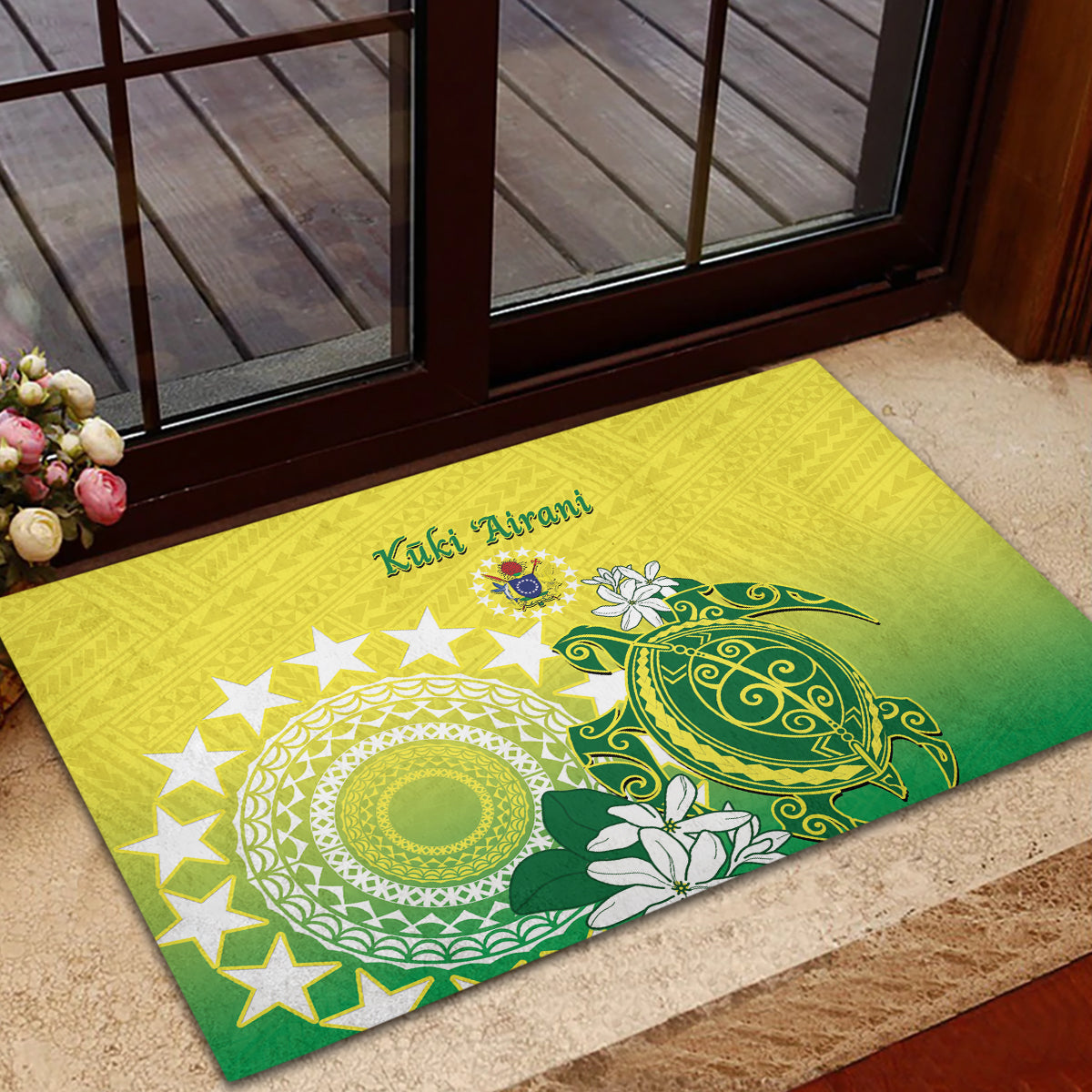 Cook Islands Independence Day Rubber Doormat Kuki Airani Tiare Maori Polynesian Pattern - Green