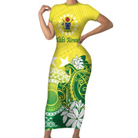 Cook Islands Independence Day Short Sleeve Bodycon Dress Kuki Airani Tiare Maori Polynesian Pattern - Green LT14 Long Dress Green - Polynesian Pride