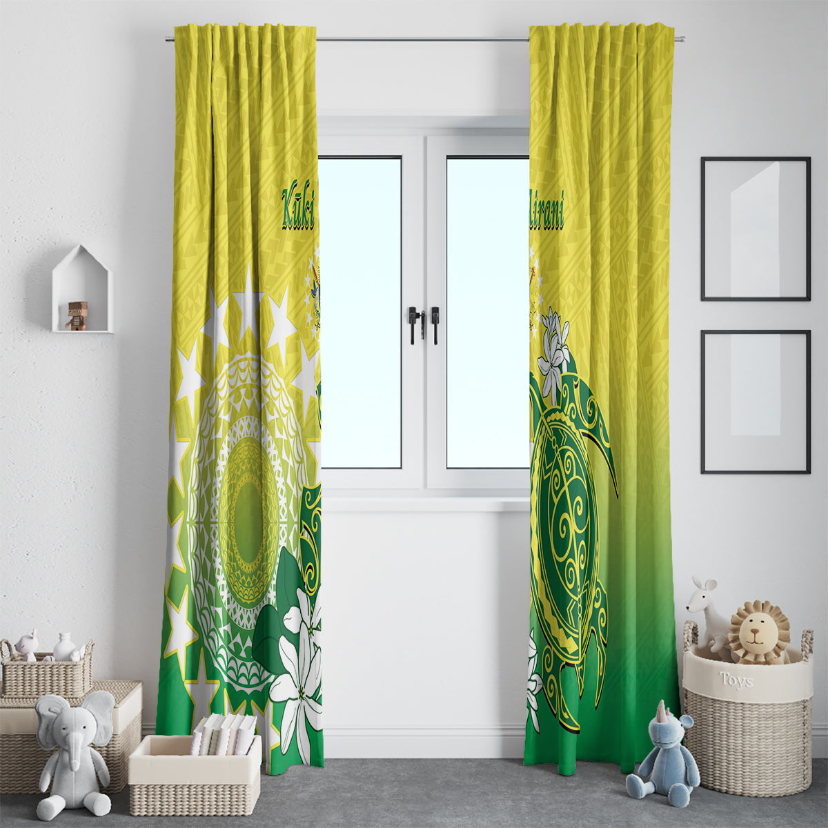 Cook Islands Independence Day Window Curtain Kuki Airani Tiare Maori Polynesian Pattern - Green