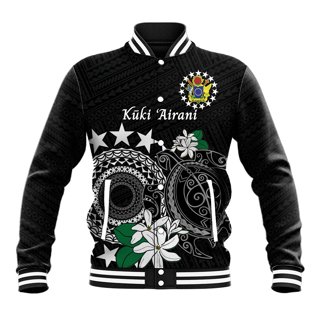 Cook Islands Independence Day Baseball Jacket Kuki Airani Tiare Maori Polynesian Pattern - Black