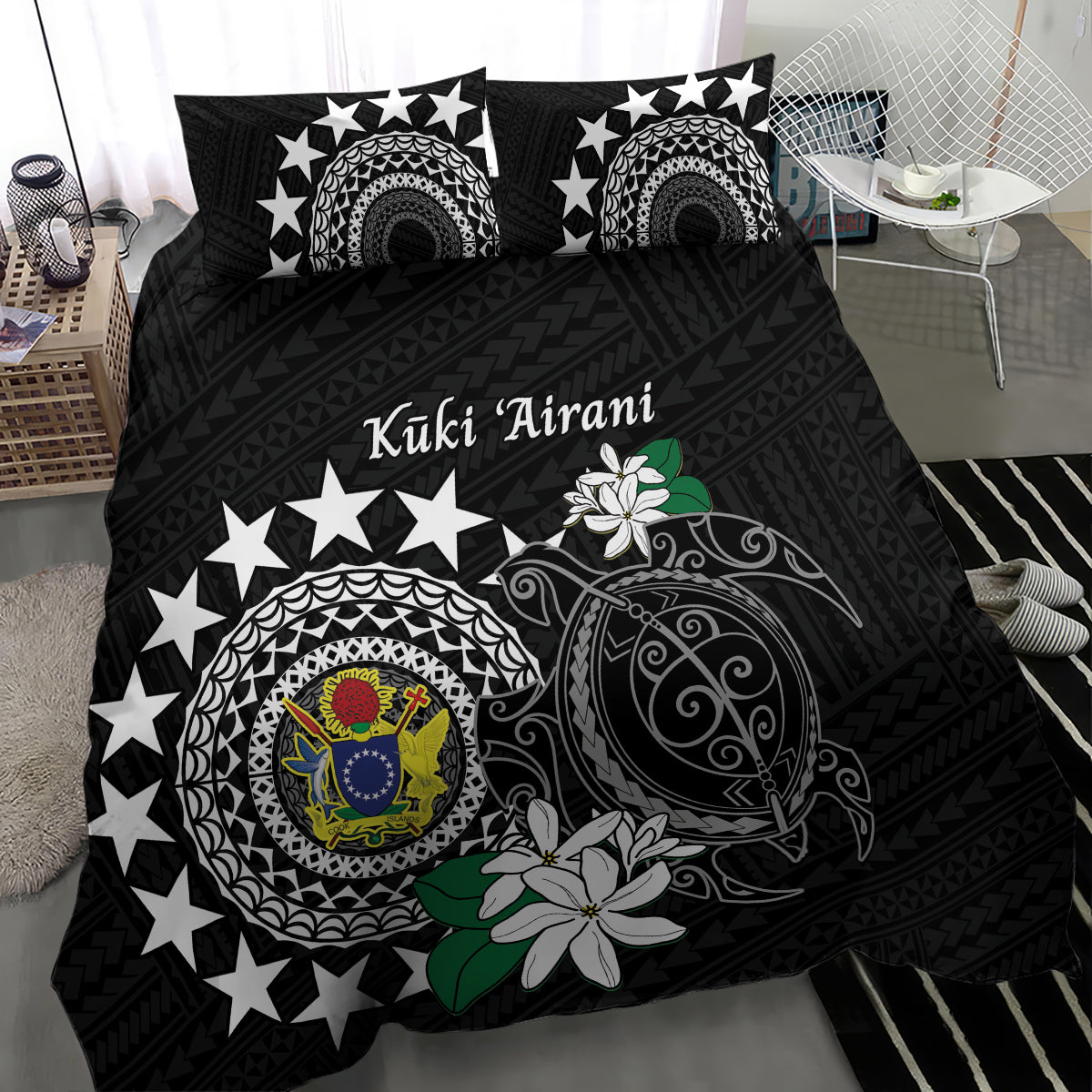 Cook Islands Independence Day Bedding Set Kuki Airani Tiare Maori Polynesian Pattern - Black LT14 - Polynesian Pride