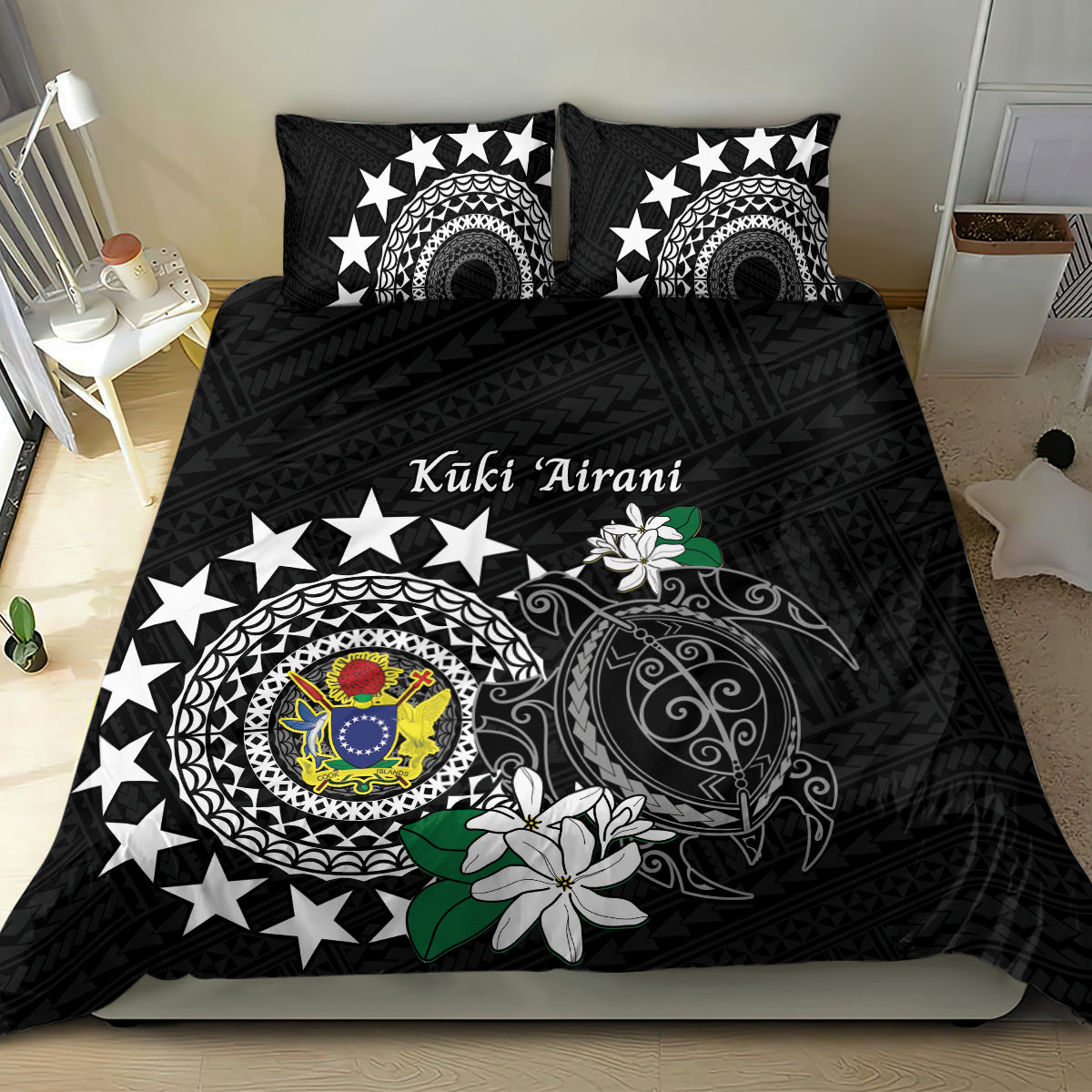 Cook Islands Independence Day Bedding Set Kuki Airani Tiare Maori Polynesian Pattern - Black LT14 - Polynesian Pride