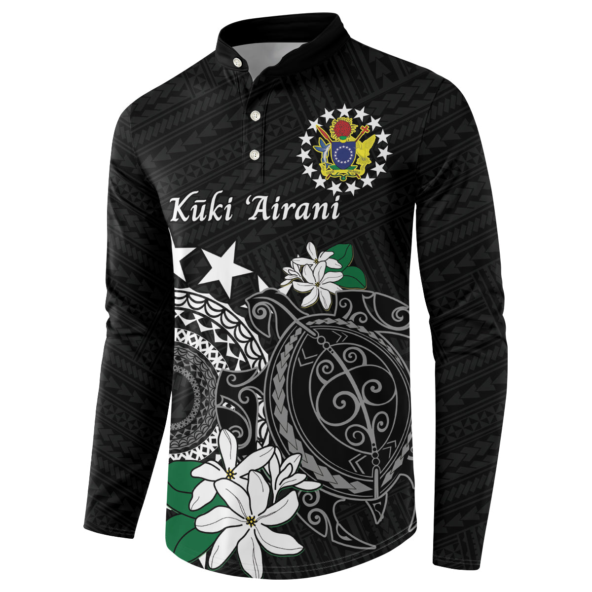 Cook Islands Independence Day Button Sweatshirt Kuki Airani Tiare Maori Polynesian Pattern - Black
