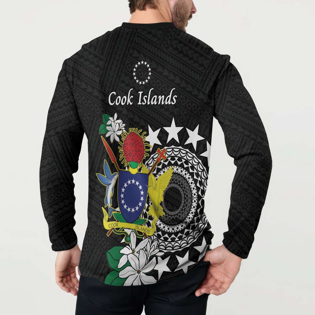 Cook Islands Independence Day Button Sweatshirt Kuki Airani Tiare Maori Polynesian Pattern - Black