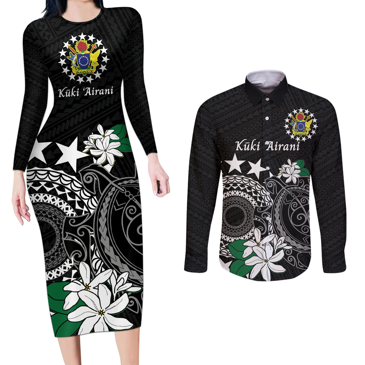 Cook Islands Independence Day Couples Matching Long Sleeve Bodycon Dress and Long Sleeve Button Shirt Kuki Airani Tiare Maori Polynesian Pattern - Black