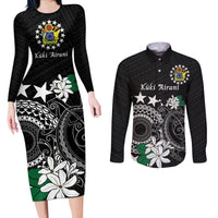 Cook Islands Independence Day Couples Matching Long Sleeve Bodycon Dress and Long Sleeve Button Shirt Kuki Airani Tiare Maori Polynesian Pattern - Black
