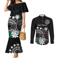 Cook Islands Independence Day Couples Matching Mermaid Dress and Long Sleeve Button Shirt Kuki Airani Tiare Maori Polynesian Pattern - Black