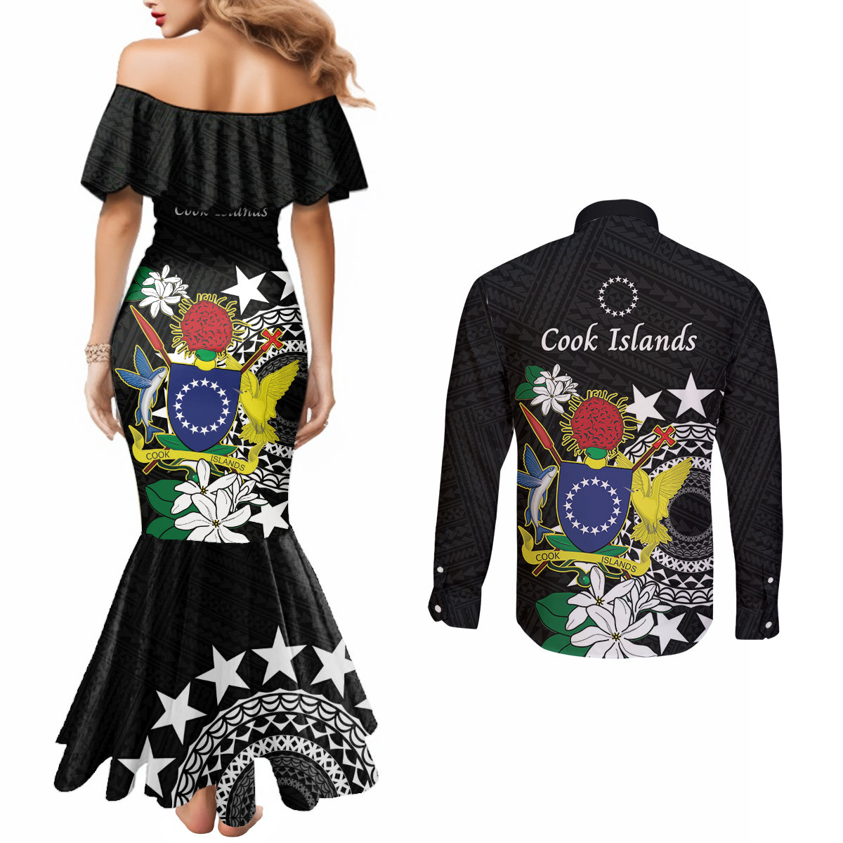 Cook Islands Independence Day Couples Matching Mermaid Dress and Long Sleeve Button Shirt Kuki Airani Tiare Maori Polynesian Pattern - Black