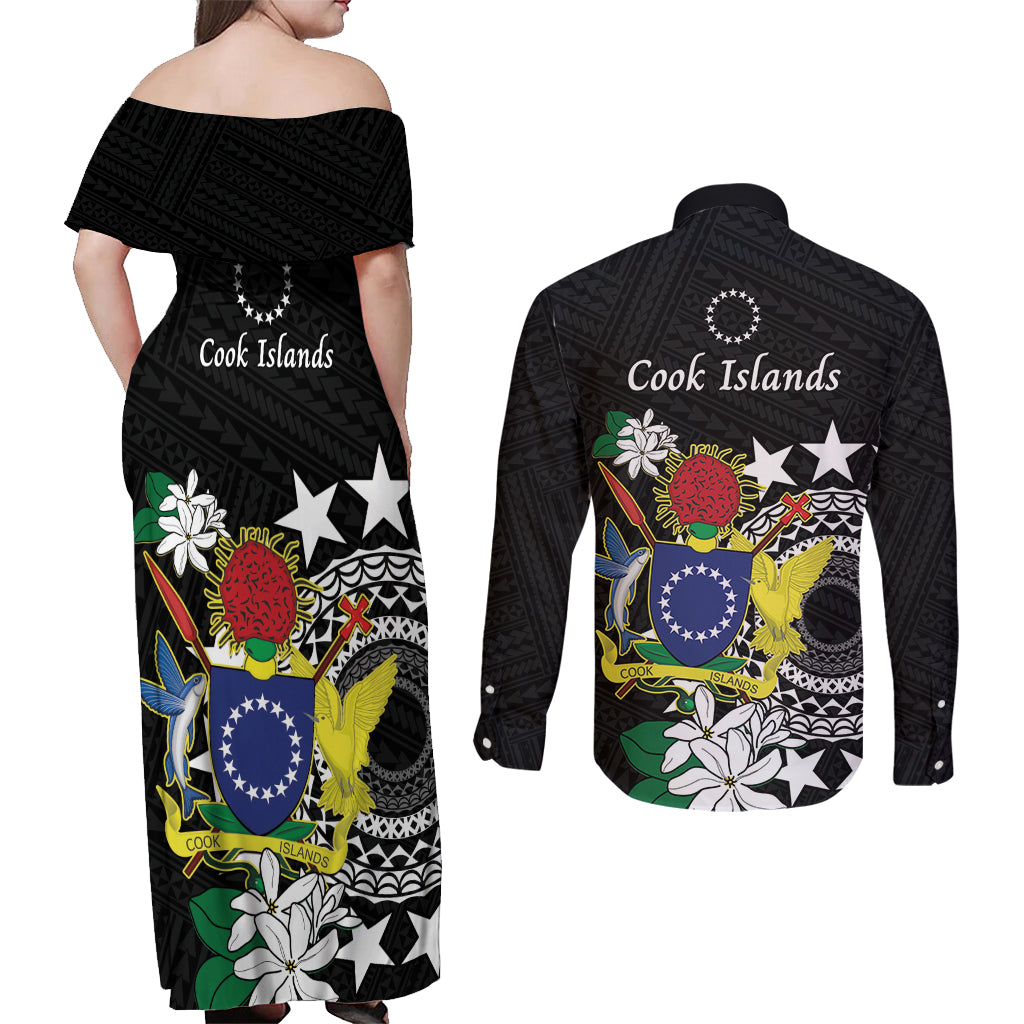 Cook Islands Independence Day Couples Matching Off Shoulder Maxi Dress and Long Sleeve Button Shirt Kuki Airani Tiare Maori Polynesian Pattern - Black