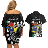 Cook Islands Independence Day Couples Matching Off Shoulder Short Dress and Hawaiian Shirt Kuki Airani Tiare Maori Polynesian Pattern - Black