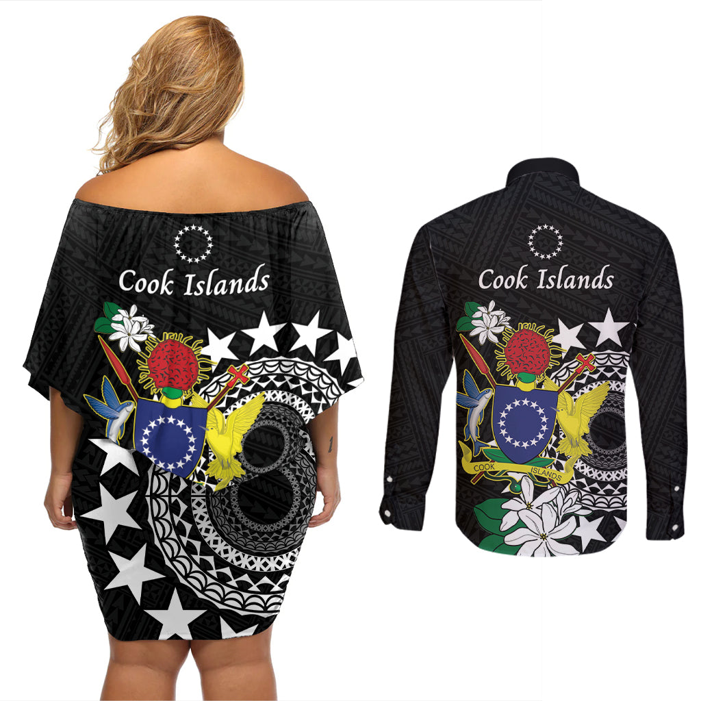 Cook Islands Independence Day Couples Matching Off Shoulder Short Dress and Long Sleeve Button Shirt Kuki Airani Tiare Maori Polynesian Pattern - Black