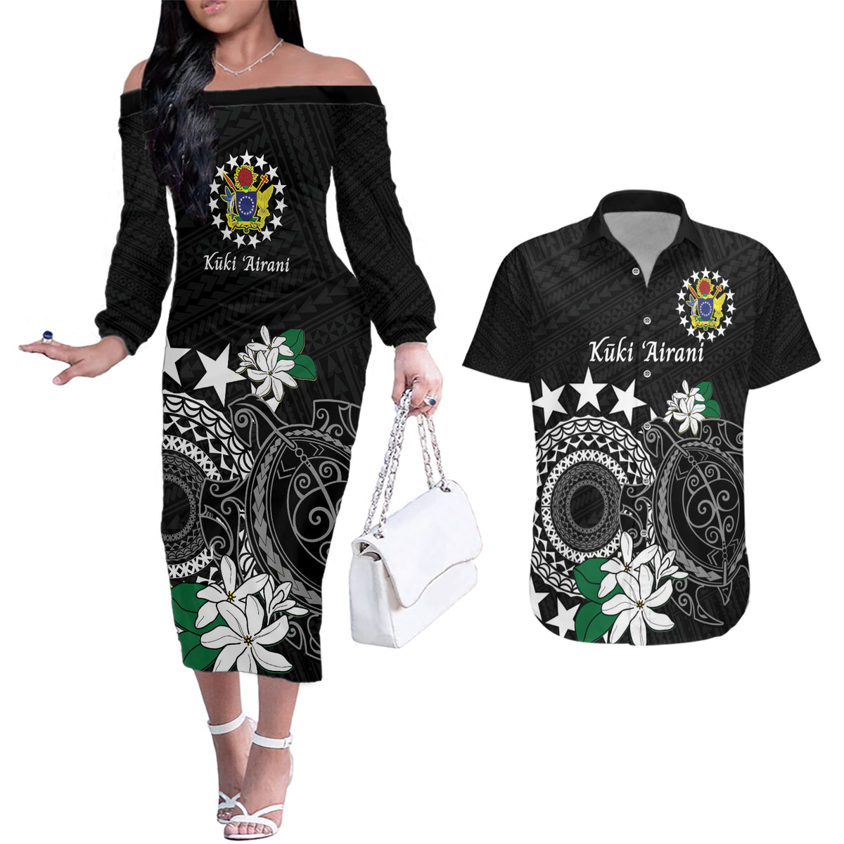 Cook Islands Independence Day Couples Matching Off The Shoulder Long Sleeve Dress and Hawaiian Shirt Kuki Airani Tiare Maori Polynesian Pattern - Black