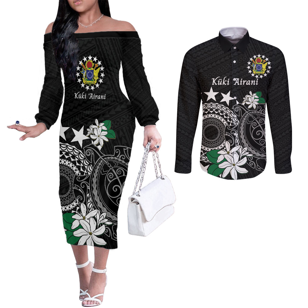 Cook Islands Independence Day Couples Matching Off The Shoulder Long Sleeve Dress and Long Sleeve Button Shirt Kuki Airani Tiare Maori Polynesian Pattern - Black