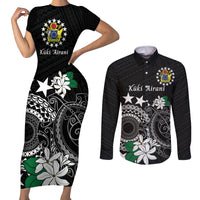 Cook Islands Independence Day Couples Matching Short Sleeve Bodycon Dress and Long Sleeve Button Shirt Kuki Airani Tiare Maori Polynesian Pattern - Black