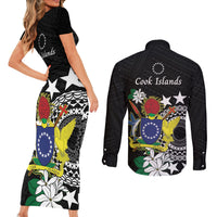 Cook Islands Independence Day Couples Matching Short Sleeve Bodycon Dress and Long Sleeve Button Shirt Kuki Airani Tiare Maori Polynesian Pattern - Black