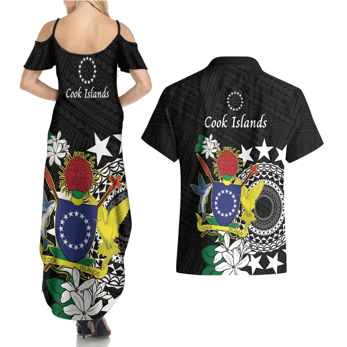 Cook Islands Independence Day Couples Matching Summer Maxi Dress and Hawaiian Shirt Kuki Airani Tiare Maori Polynesian Pattern - Black