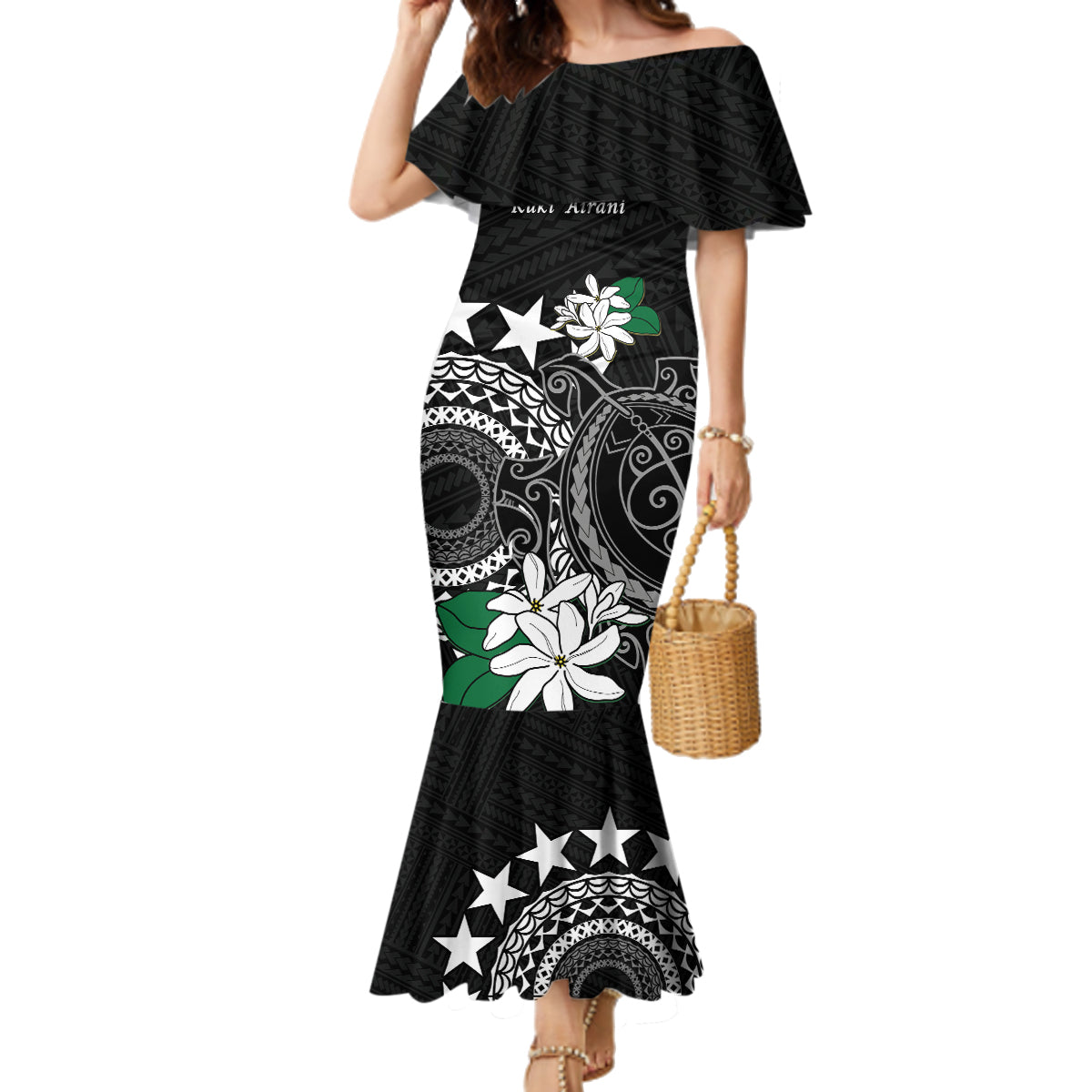 Cook Islands Independence Day Family Matching Mermaid Dress and Hawaiian Shirt Kuki Airani Tiare Maori Polynesian Pattern - Black