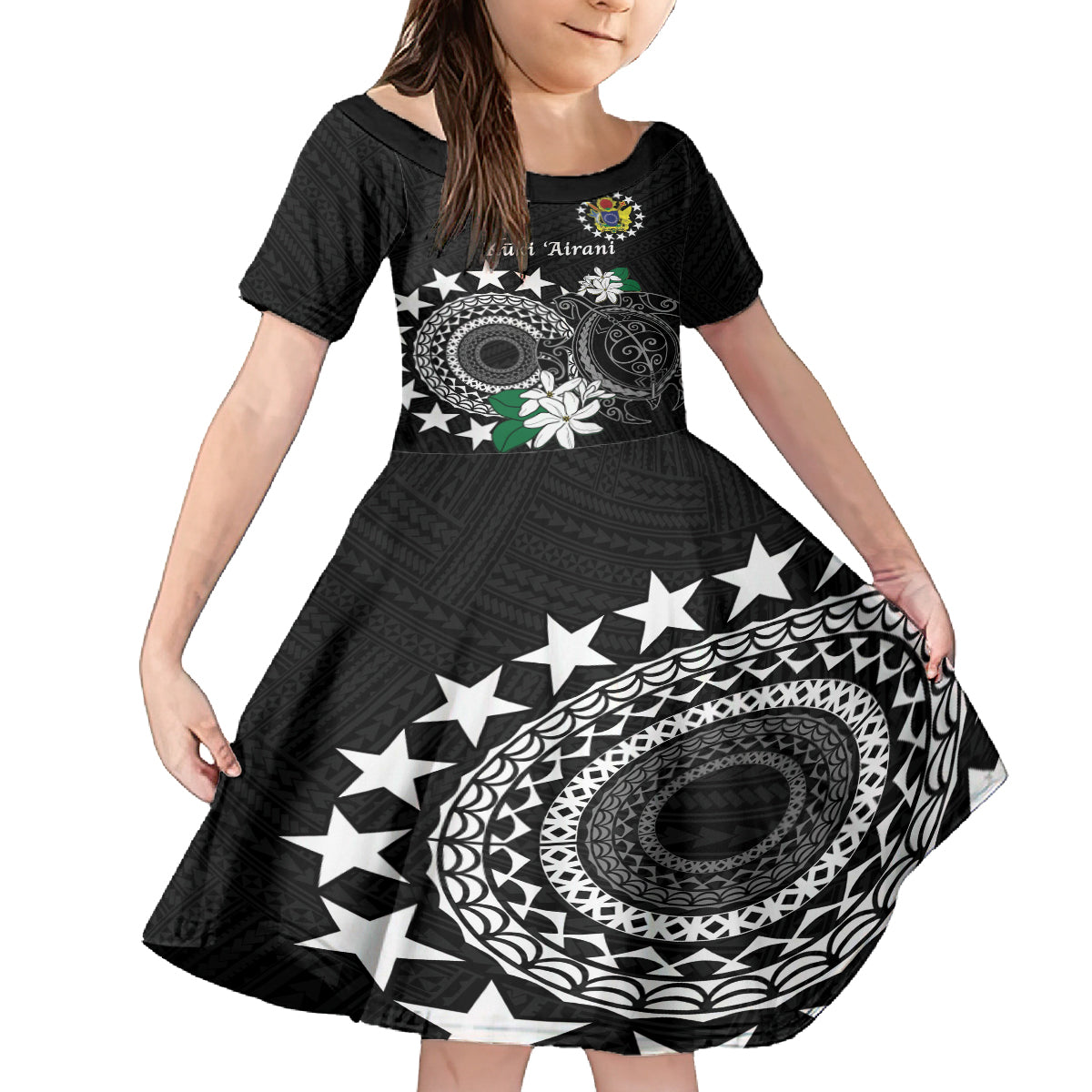 Cook Islands Independence Day Family Matching Off Shoulder Short Dress and Hawaiian Shirt Kuki Airani Tiare Maori Polynesian Pattern - Black LT14 Daughter's Dress Black - Polynesian Pride