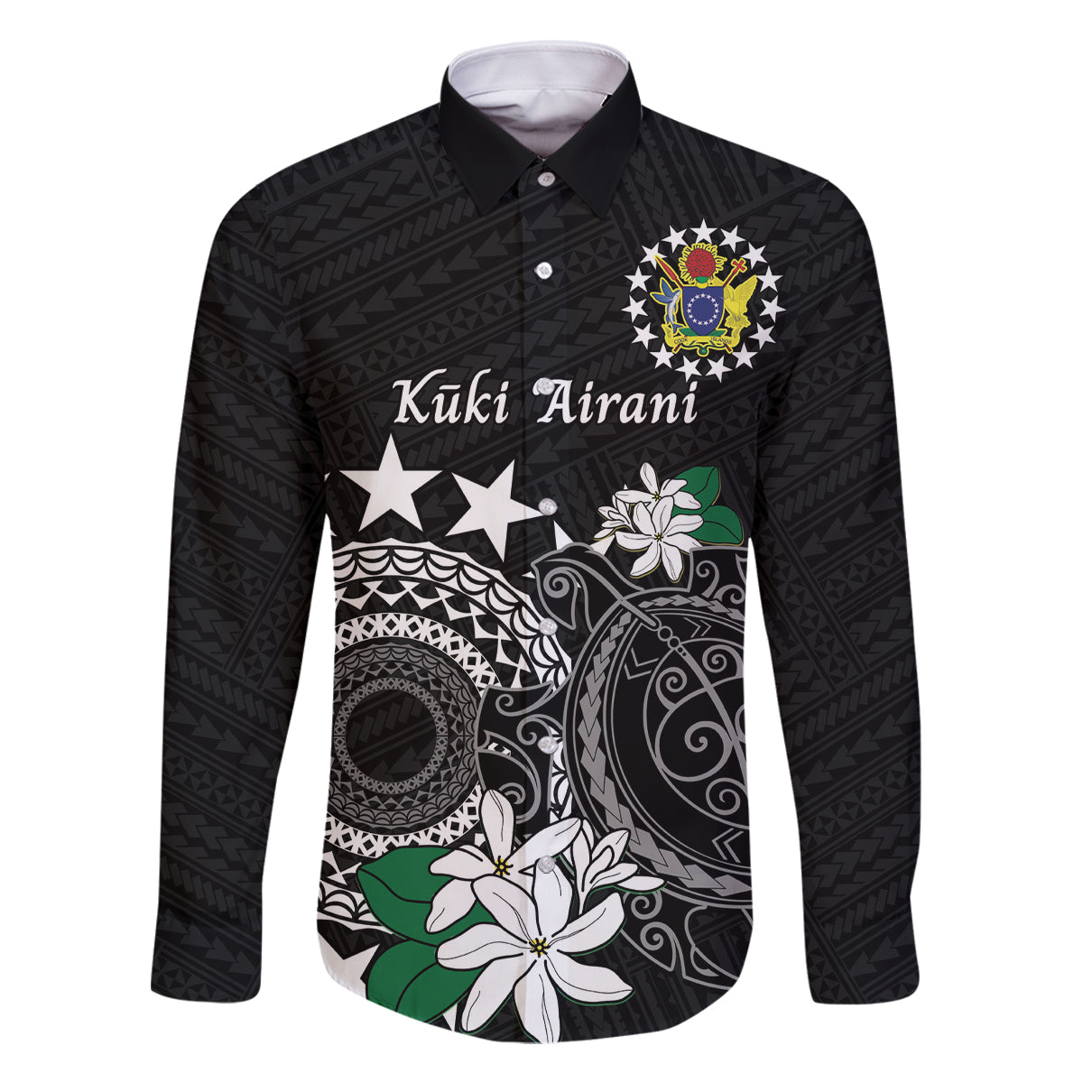 Cook Islands Independence Day Family Matching Off Shoulder Short Dress and Hawaiian Shirt Kuki Airani Tiare Maori Polynesian Pattern - Black LT14 Dad's Shirt - Long Sleeve Black - Polynesian Pride