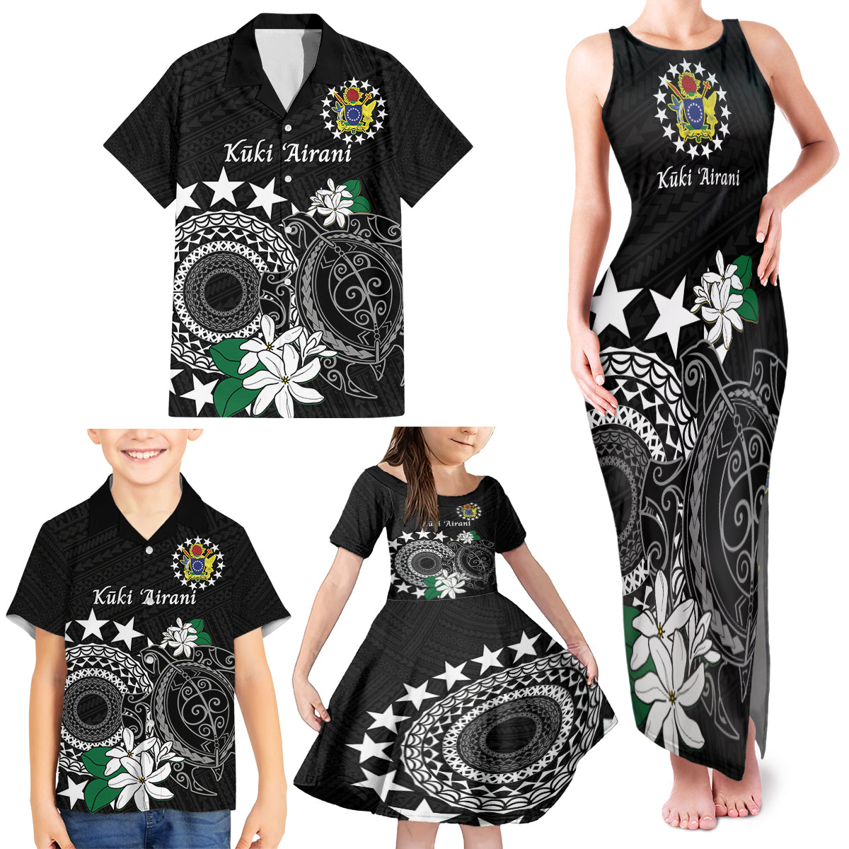 Cook Islands Independence Day Family Matching Tank Maxi Dress and Hawaiian Shirt Kuki Airani Tiare Maori Polynesian Pattern - Black