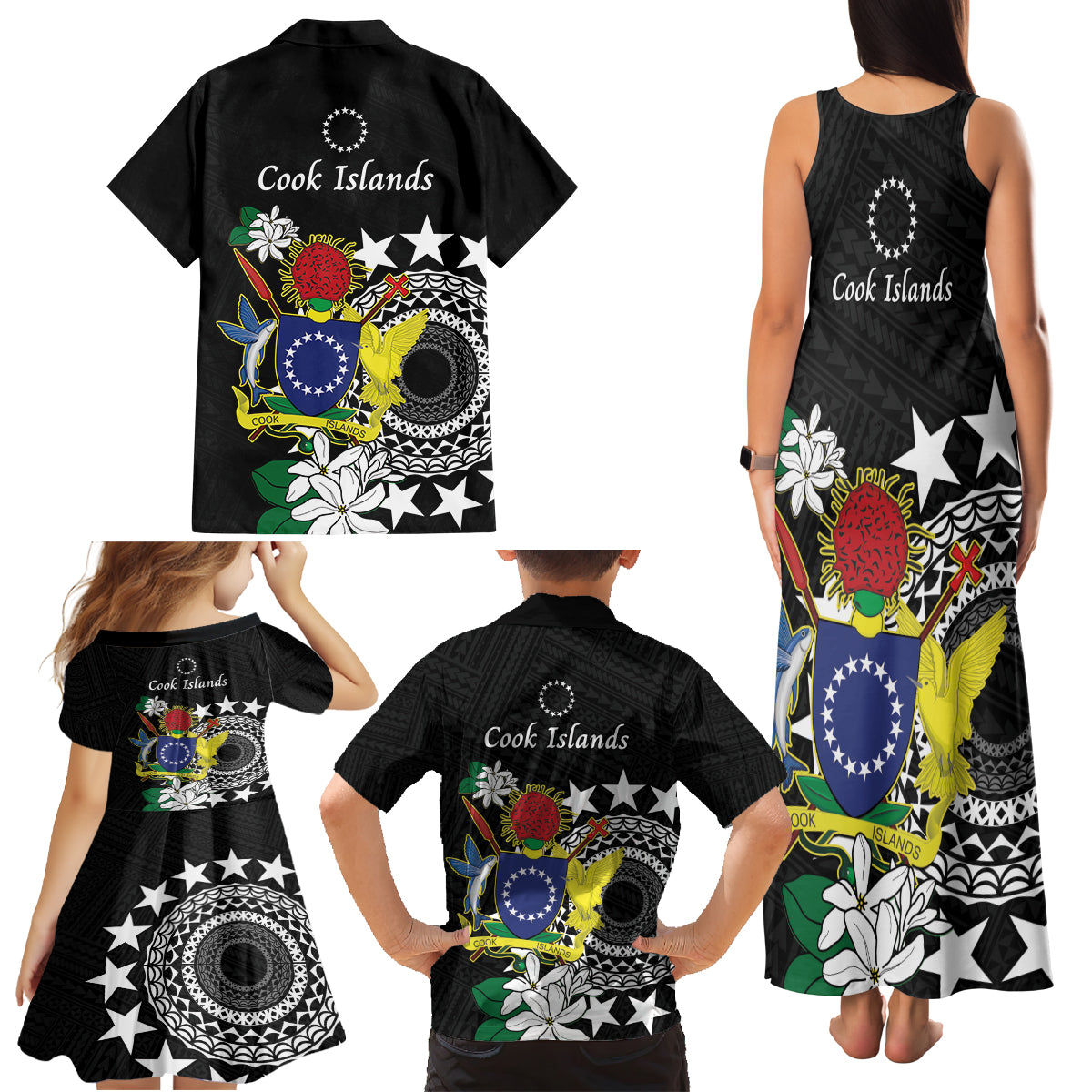 Cook Islands Independence Day Family Matching Tank Maxi Dress and Hawaiian Shirt Kuki Airani Tiare Maori Polynesian Pattern - Black