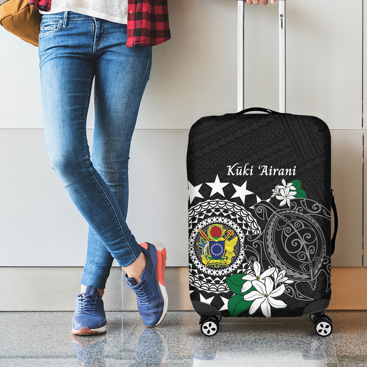 Cook Islands Independence Day Luggage Cover Kuki Airani Tiare Maori Polynesian Pattern - Black